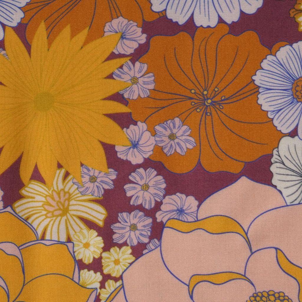 Viskose Druck Retro Blütenmischung violett gelb orange